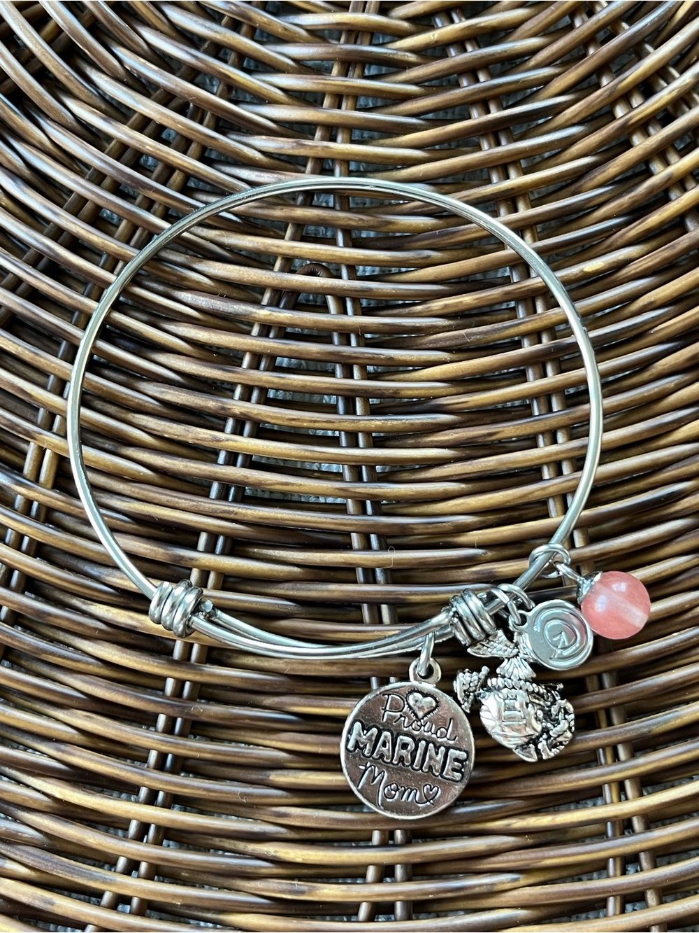 Silver Marine Mom Charm Bangle Bracelet with Pink Accent